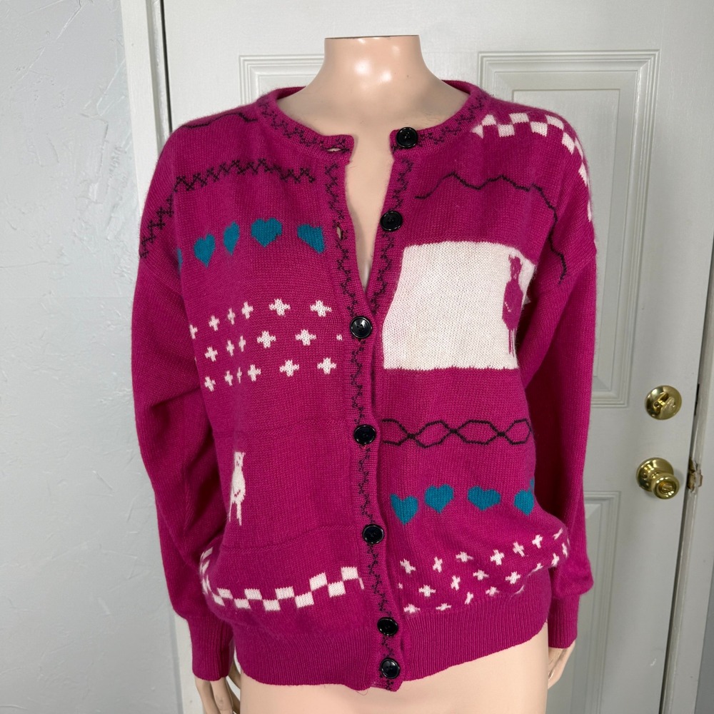 Vintage Woolcraft Womens M Sweater Angora Rabbit Wool Cardigan Bull Novelty R3-4